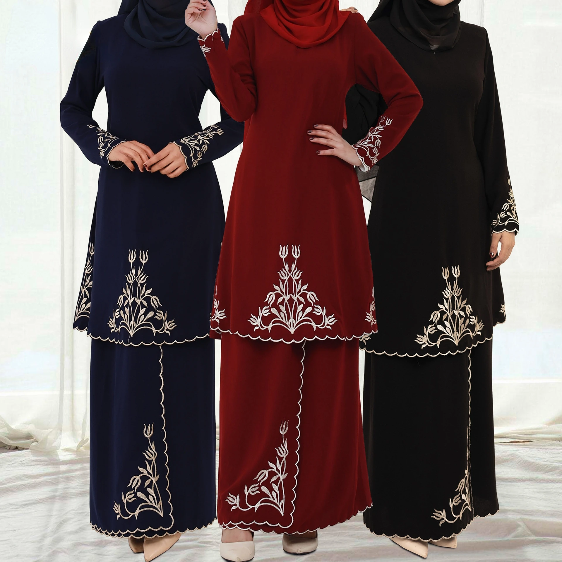 

2 Piece Abaya Set Muslim Dress Women Embroidery Modest Matching Tops with Skirt Malaysia Kebaya Party Islamic Clothing Ramadan