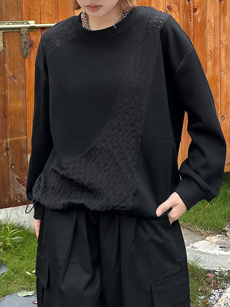 Gray Color-block Textured Big Size Sweatshirt New Round Neck Long Sleeve Women Fashion Tide Spring Autumn