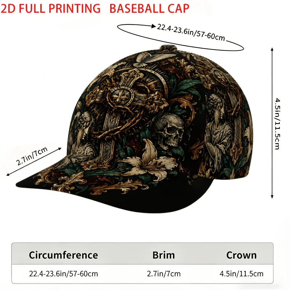 Customization 2D Flat Vintage Floral Skull Angel Cross Men'S Baseball Cap, Fashion, Casual, Outdoor, Travel, Sports, Daily Wear,