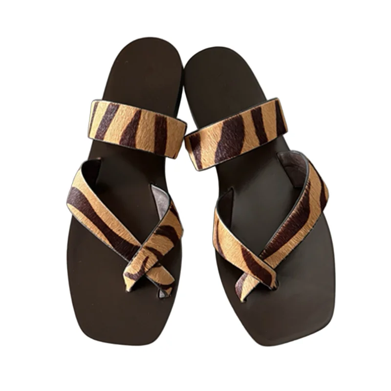 

Withered French Lazy Leopard Print Cowhide Leather Flat Slippers Minimalist Elegant Fashion Retro Mules Sandals Shoes Women