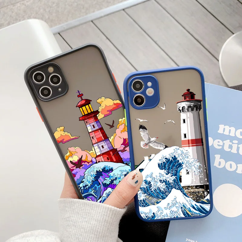 Blue Wave Phone Case For iphone 15 12 11 13 Pro Max Lighthouse Illustration Cover For iphone X XR XS 7 8 14 Plus SE 2020 Shells