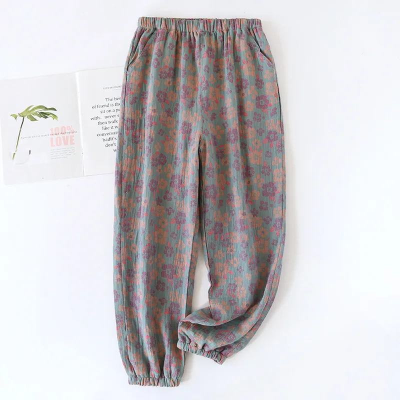 2024 Primavera/Estate delle nuove donne pantaloni da notte 100% cotone jacquard carino e fresco fiore pantaloni allentati chiusura pantaloni a casa