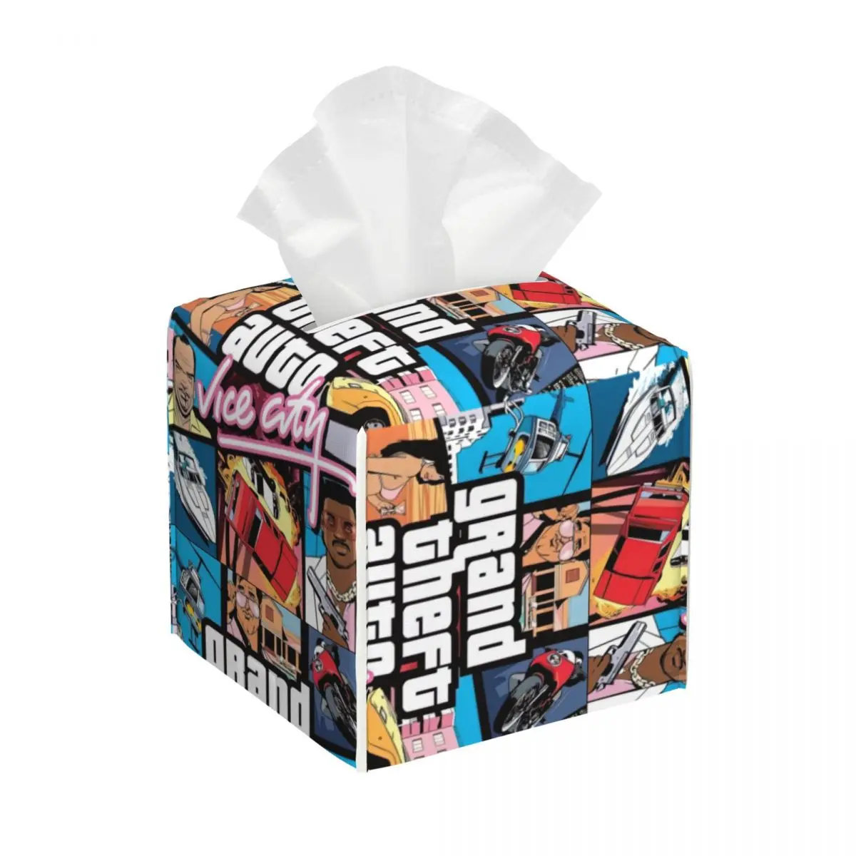 Custom Grand Theft Auto Vice City Tissue Box Cover Square PU Leather Video Game Facial Tissue Box Holder for Bathroom Toilet