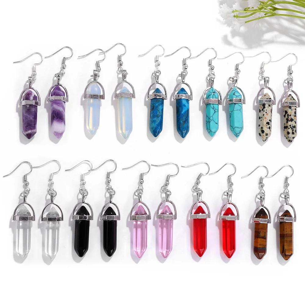 Boho naturalny kwarc kolczyki uzdrawianie Reiki sześciokątna kolumna agaty kolczyki kryształowy kamień haczyk do podwieszania krople do uszu kobiety biżuteria