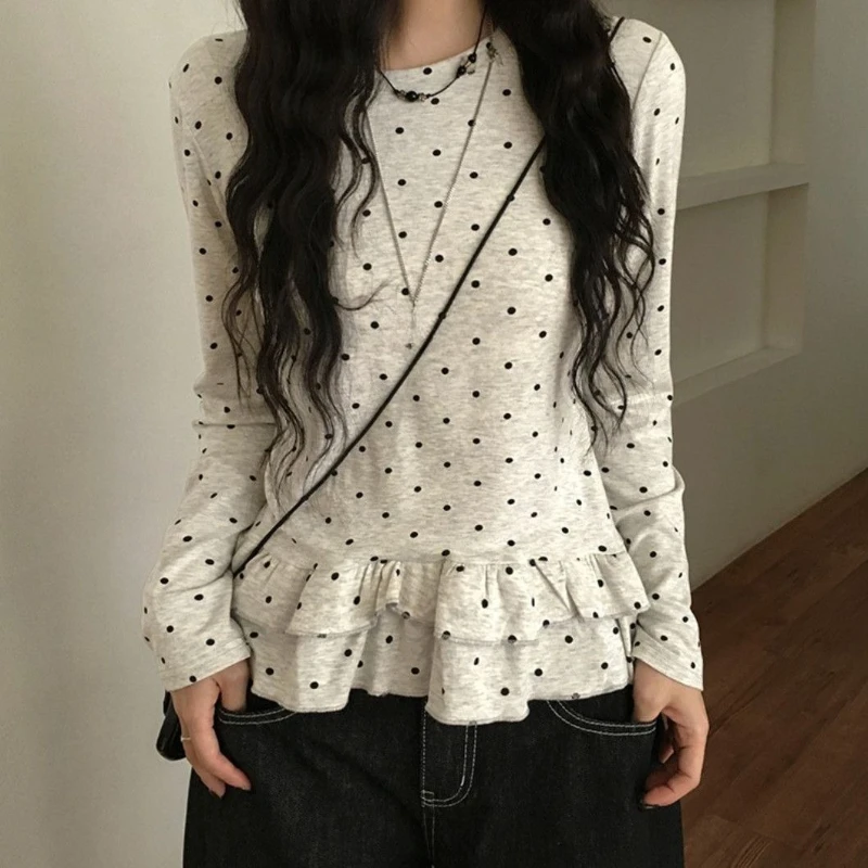 Korean Fashion Autumn Tees 2000s Harajuku Vintage Polka Dot Sweet Women Shirts Y2k Japanese Style Kawaii Long Sleeve T Shirts