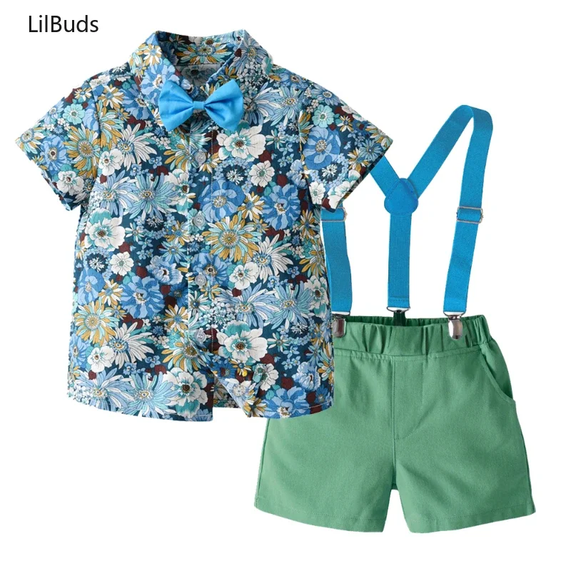 2024 Kids Boys Design Clothing Beach Style 2PCS Set Outfit Baby Children Casual Beachwear Clothes Cotton Short Sleeve Tops Pants