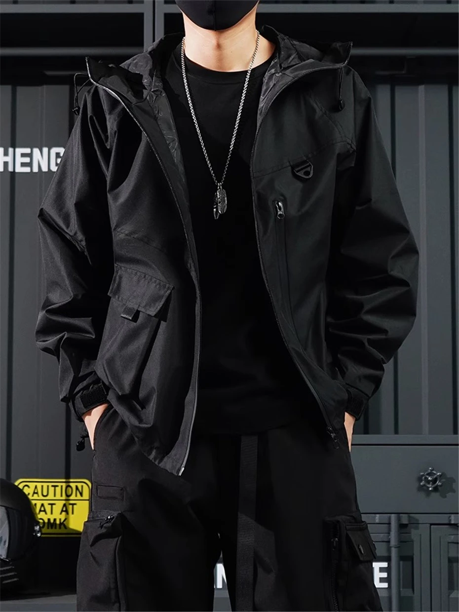 Techwear Tactical Jackets Men Large Pocket Vintage Windbreaker Mens Clothing Harajuku Oversized Fashion Casual Hooded Coats Male