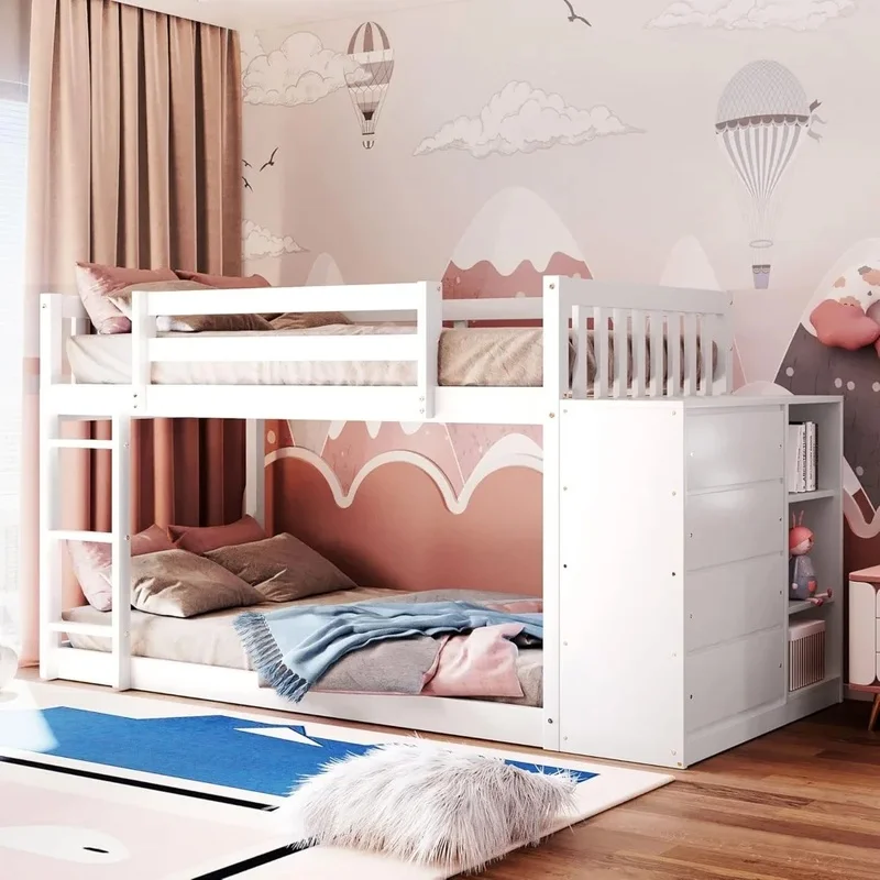 

Двухъярусная кровать Twin Over Twin с местом для хранения вещей, деревянная двухъярусная кровать с 4 ящиками и 3 полками, низкий дизайн для детей