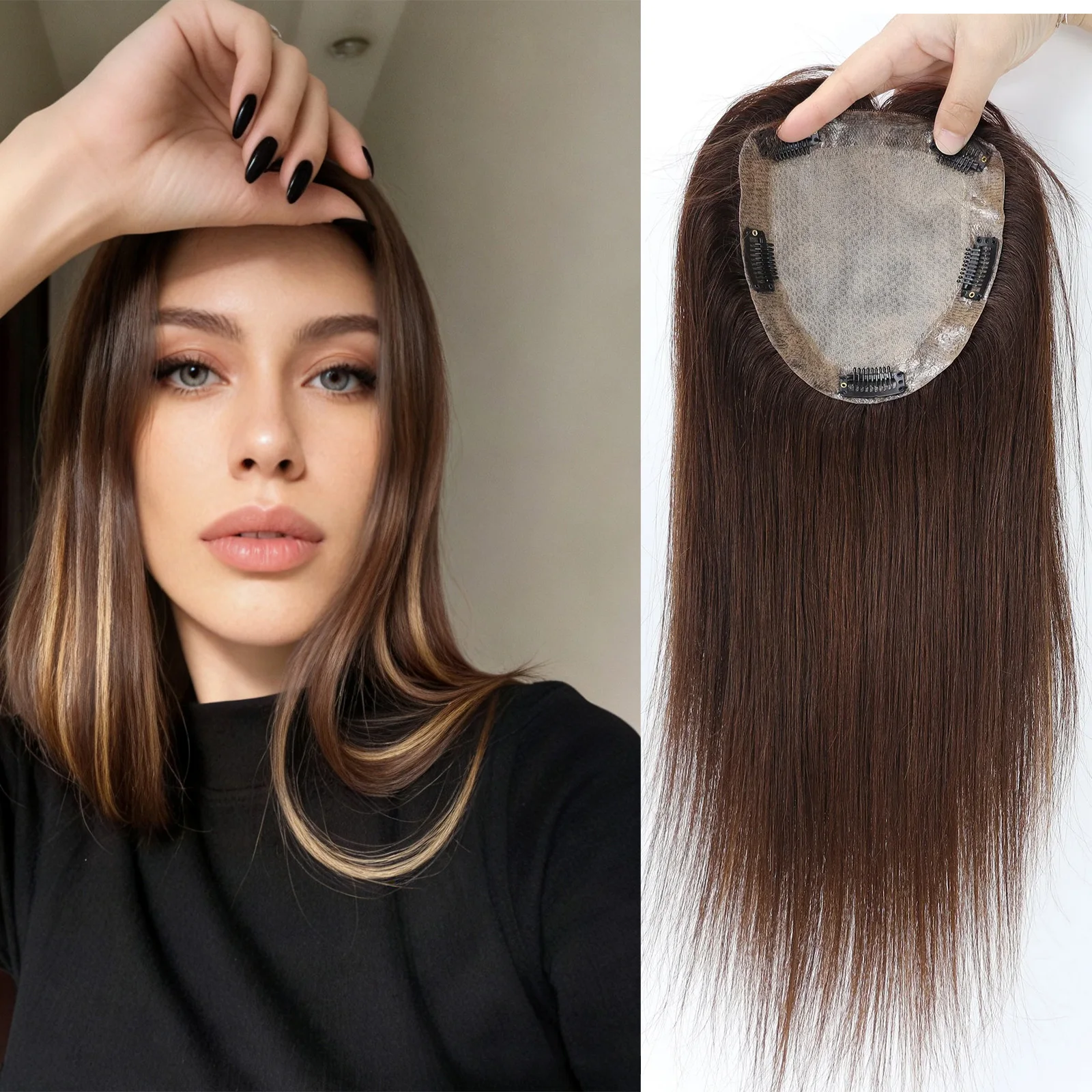 

Virgin European Human Hair Silk Base Topper Highlight 4/27 Silk Skin Top Toupee Natural Scalp Look with PU Around for Woman