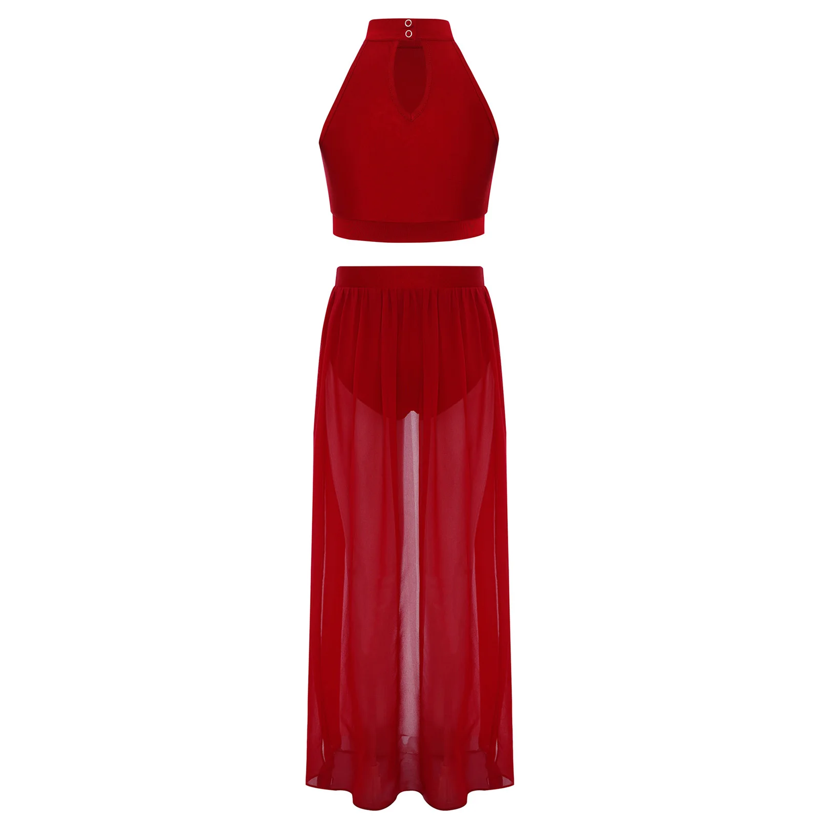 Kinderen Meisjes Ballet Dans Sets Lyrische Latin Jazz Danskleding Ruches Front Keyhole Back Crop Top met Split Flowy Chiffon Rok Pak