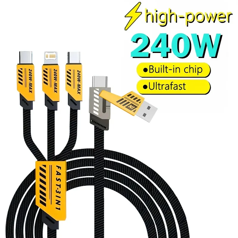 3 In 2 240W Fast Charging Cord For Micro USB Type C Charger Cable 1.2m Multi Usb Port Multiple Usb Charg Cord For iPhone Huawei