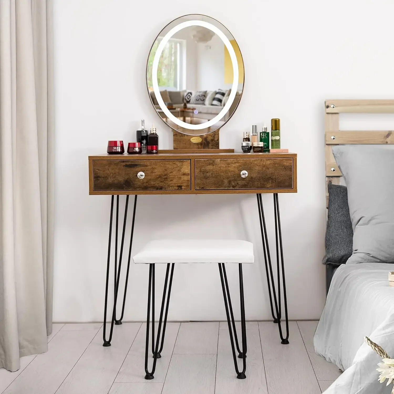 VIVOHOME Industrial Vanity Set with 3-Color Lighted Mirror and Acrylic Makeup Organizer, Dressing Table with PU Cushioned Stool