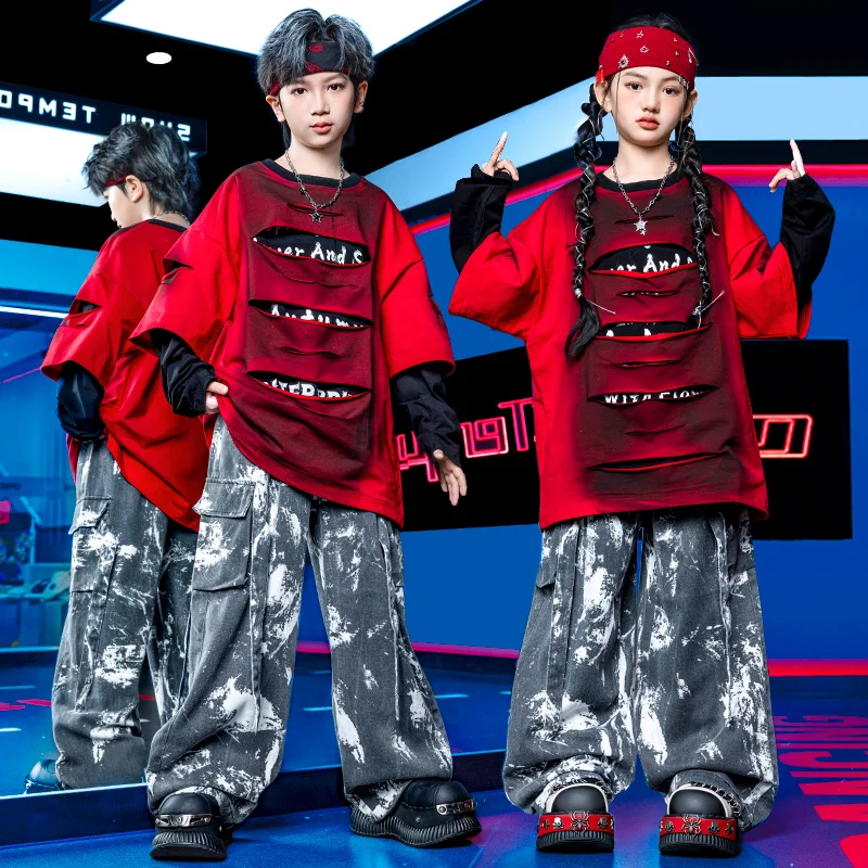 أزياء مسرح رقص الجاز الحديثة للأطفال لعام 2025 للفتيات قمصان حمراء وسراويل فضفاضة تناسب الأولاد ملابس الهيب هوب DQS21493 #2
