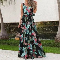 Spring/Summer Women's 1XL-5XL Plus Size Large Elegant Flower Print Loose Dress Square Neck Sleeveless Belt Casual Fashion Loose