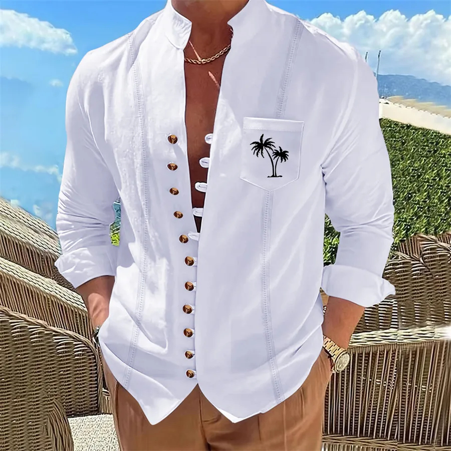 Camisa informal de manga larga con estampado de árbol de coco para hombre, cárdigan informal, top de manga larga con 11 botones 1