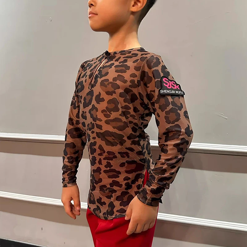 Danskleding Training Oefenkleding Nieuwe Jongens Latin Dance Tops Mesh Lange Mouwen Luipaard T-shirt Kids Cha Cha Rumba