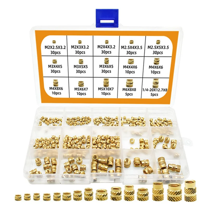 300Pcs M2 M3 M4 M5 M6 Female Thread Knurled Nuts Brass Threaded Insert Embedment Nuts, Threaded for Injection Molding
