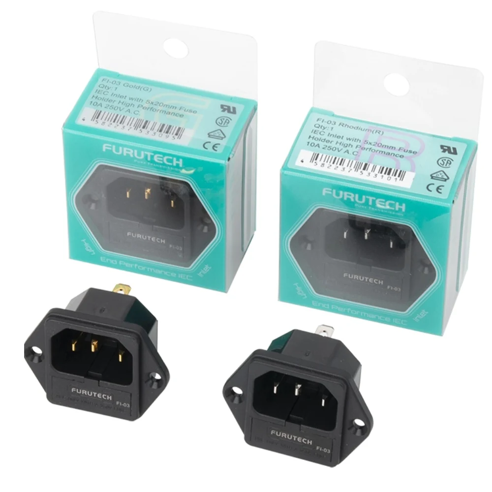 

Розетка FURUTECH FI-03 для подключения к сети переменного тока IEC320-1 C14 (мужская) с держателем предохранителя, позолоченная родием, 10А 250В, оригинальная, новая, 1 шт.