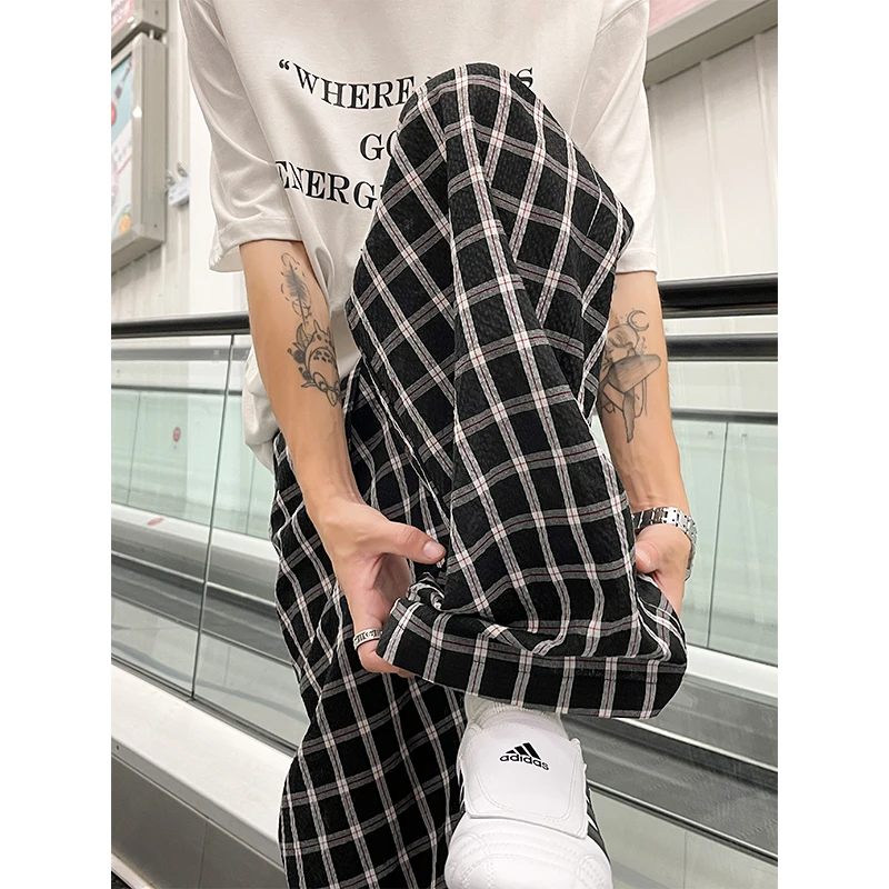 Black Casual Pants Men Fashion Retro Plaid Pants Men Streetwear Hip-hop Loose Wide Leg Pants Mens Vintage Trousers M-3XL