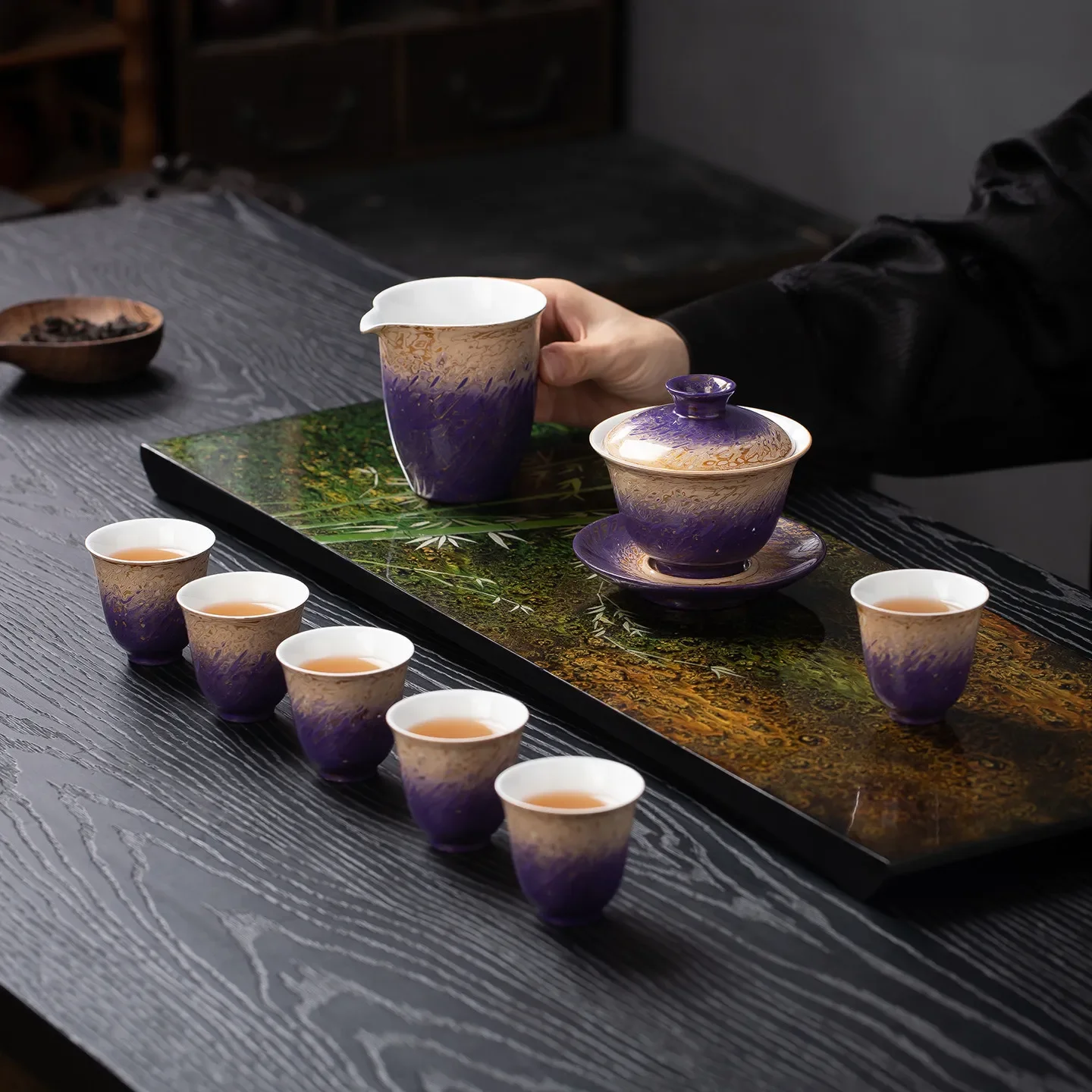 Handmade lacquer cover bowl teacup high-grade suet jade porcelain tea set gift box set Fuzhou snail lacquer gift