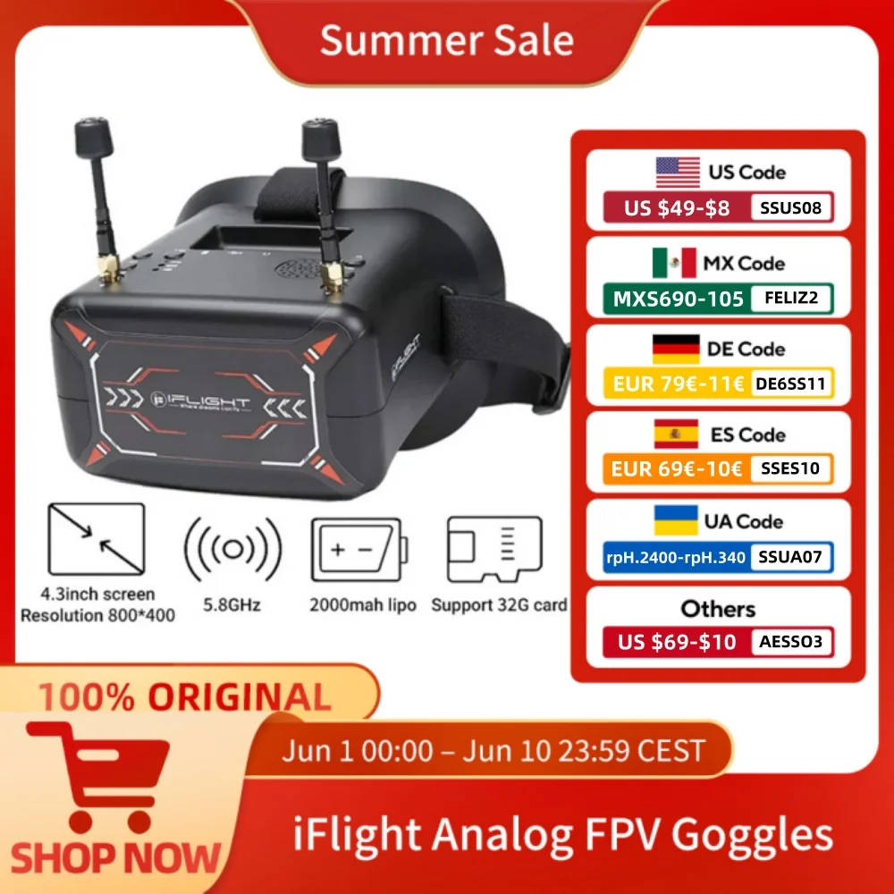 Iflight 5.8G 40CH Fpv Analog Goggles 4.3Inch 800*480 Video Headset Hd Dvr Diversity Fpv Goggles With Battery Rc Drone Glasses-image