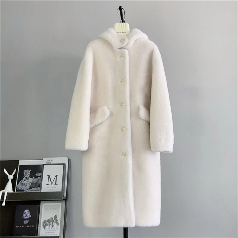 Casaco feminino de lã shearling ovelha, casaco longo com capuz, casaco quente, cabelo de cordeiro, PT431, outono e inverno, 2023