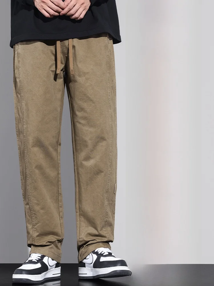 กางเกงขายาวทรงตรงผ้าฝ้ายแท้ลำลองสำหรับผู้ชาย ฤดูใบไม้ร่วง ฤดูหนาว รุ่นใหม่ สไตล์สปอร์ต ทรงหลวม ใส่ได้หลากหลาย เหมาะสำหรับทำงาน