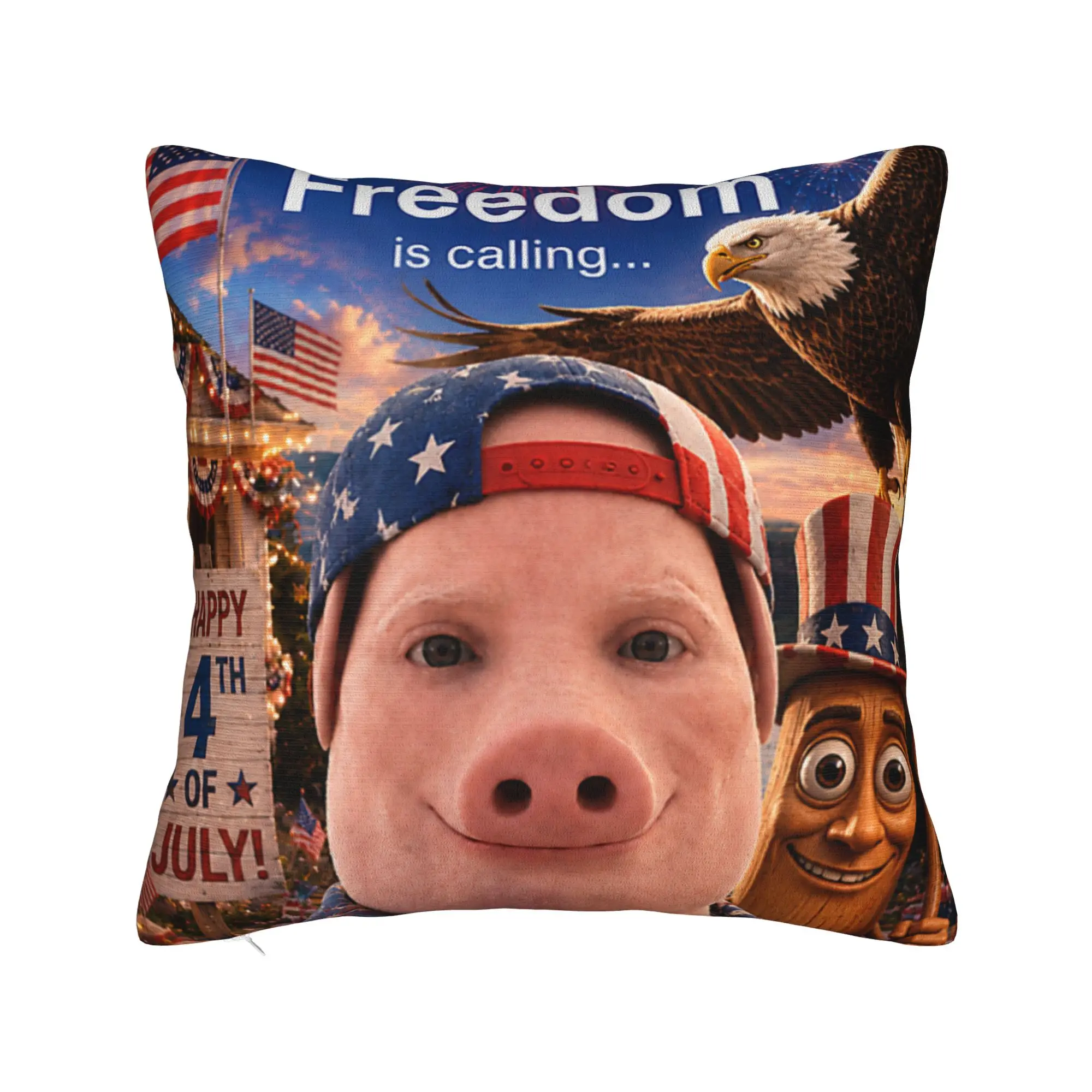 Freedom is Calling John Pork Funny 4th of July Brainrot Meme Pillow Cover Cushion Cover Retro Pillow Case For Couch Sofa Bedroom