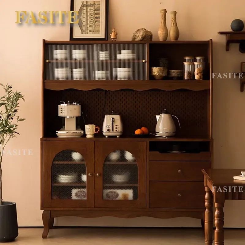 Retro Side Cabinet Solid Black Walnut Wood Storage Cupboard Antique Style Buffet Server for Dining Room Kitchen