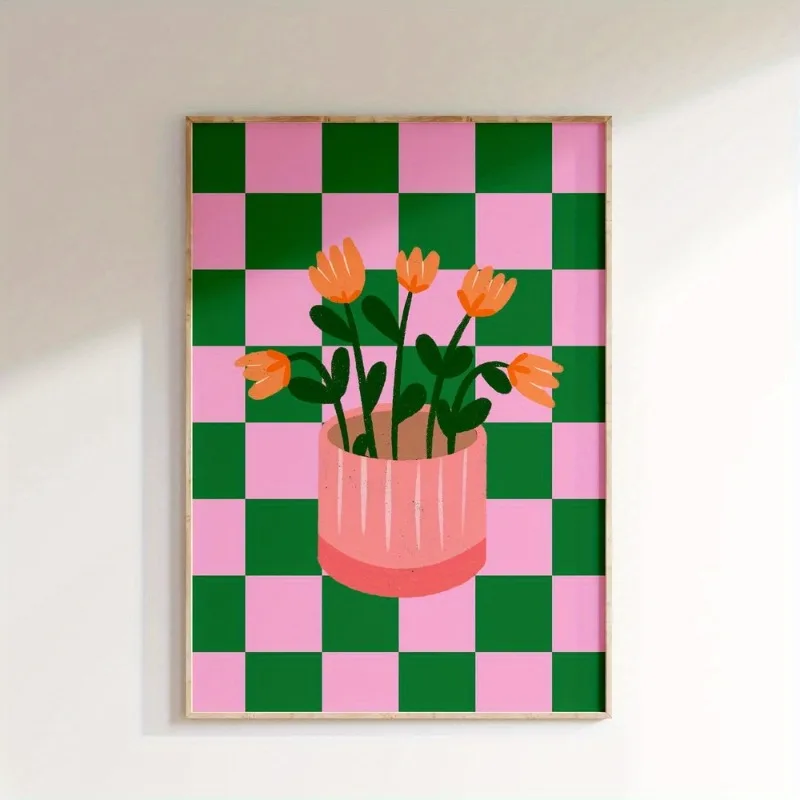 Print - Pink and Green Checkered Background with Orange Flowers, Unframed Canvas Wall Decor 1pc Modern Minimalist Vase Art