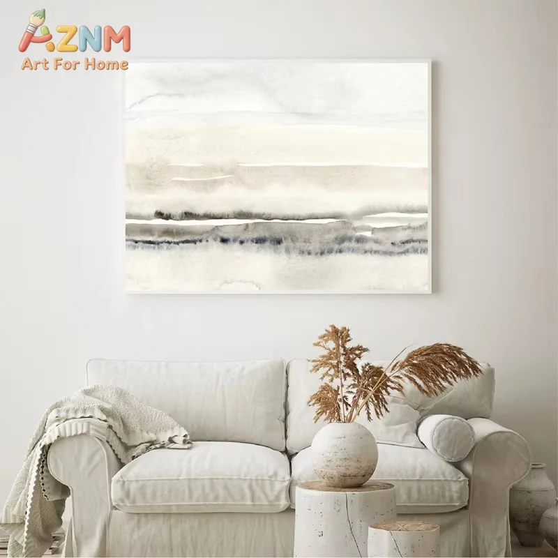 AZNM Neutral Watercolor Abstract Landscape Canvas Wall Art Frameless Print, Beige Grey Horizon Painting, Modern Living Room Home