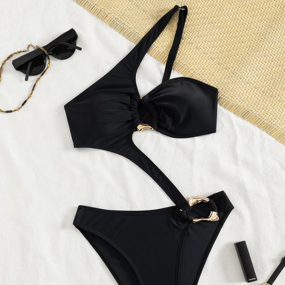 Women Asymmetrical One Shoulder 2 Piece Bikini Set Irregular Cutout Large Gold Metal Ring High Cut Cheeky Bottom Beach Swimwear
