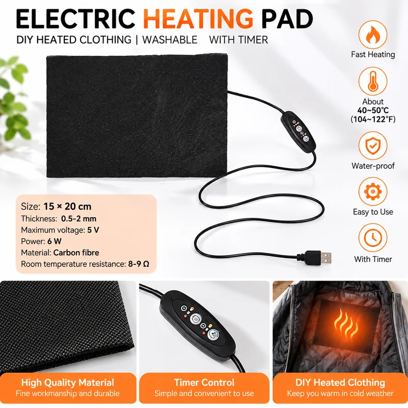Carbon Fiber USB Heating Pad 3Gear Temperature Control Warmer 5V DIY Thermal Mat for Clothes Vest Winter Outdoor Heating Element
