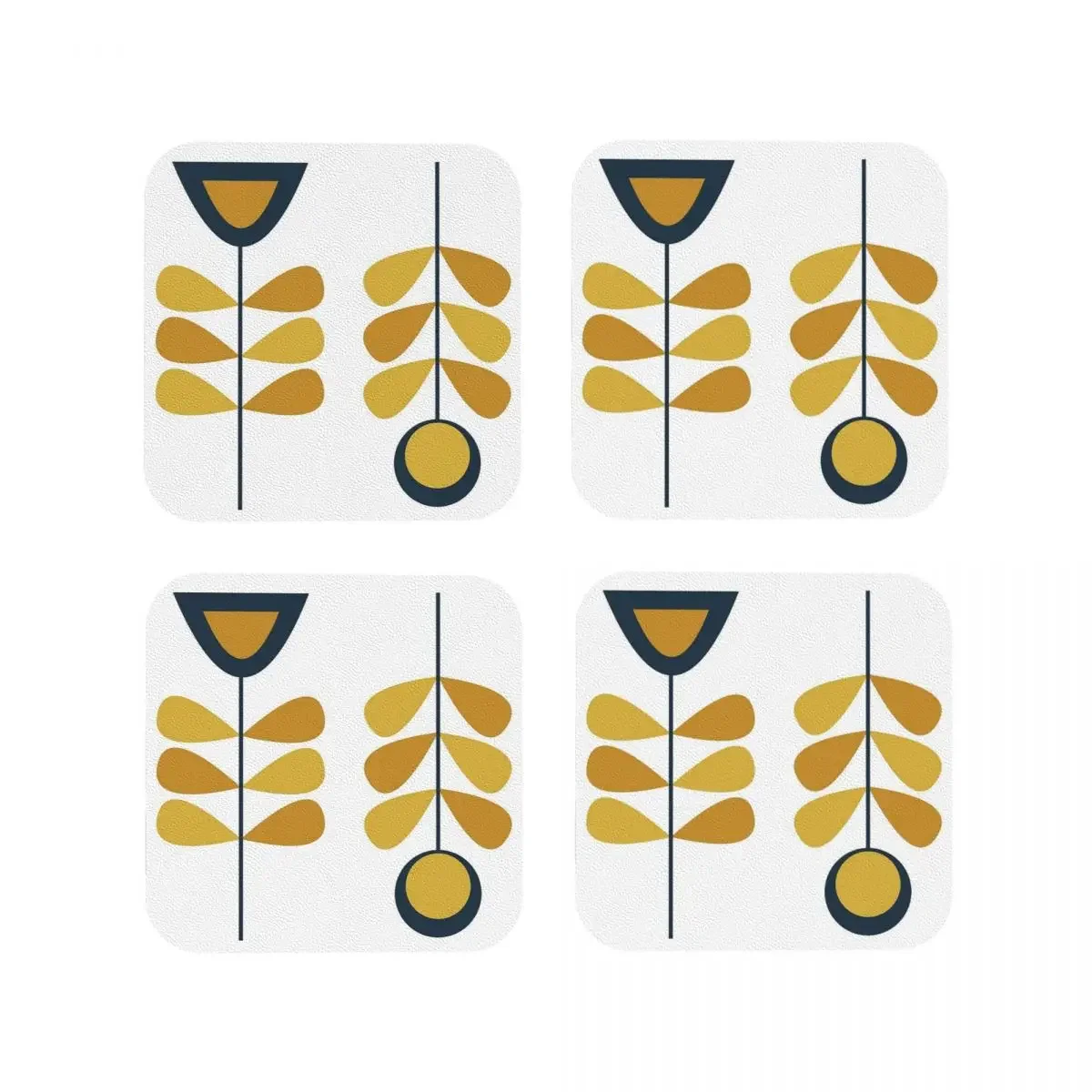 Posavasos de flores modernas de mediados de siglo en amarillo mostaza, azul marino y blanco, alfombrillas de café, decoración de vajilla y almohadillas de accesorios