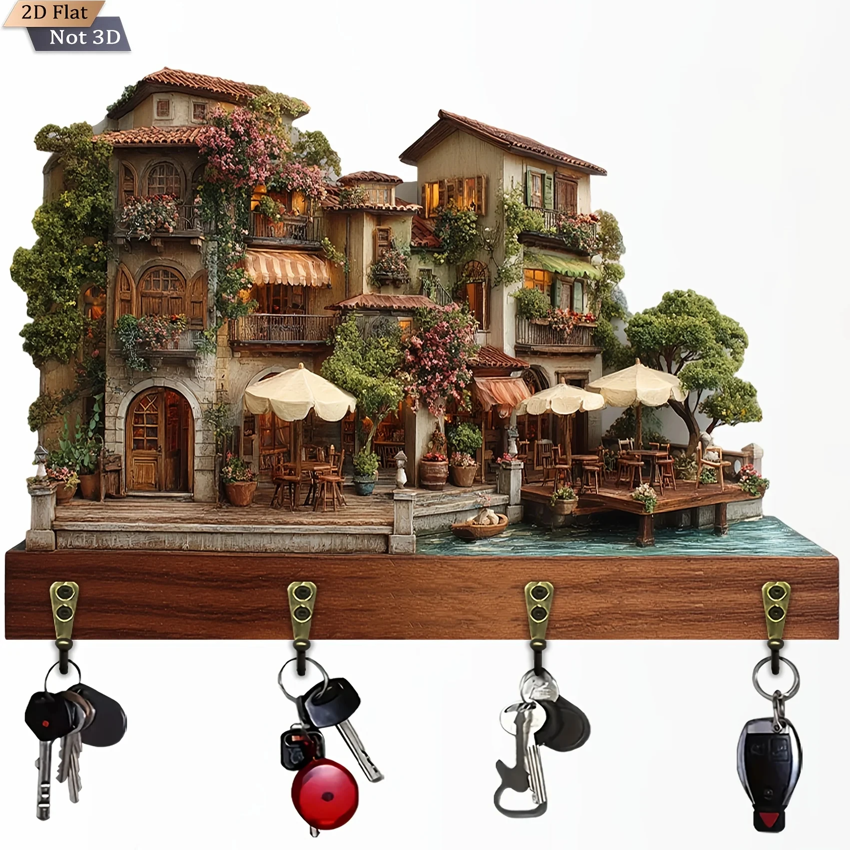 2D Flat, Single Tuscan Manor Wooden Multi-Functional Home Key Hook with Four Metal Hangers for Wall Decoration Porch Room Villa