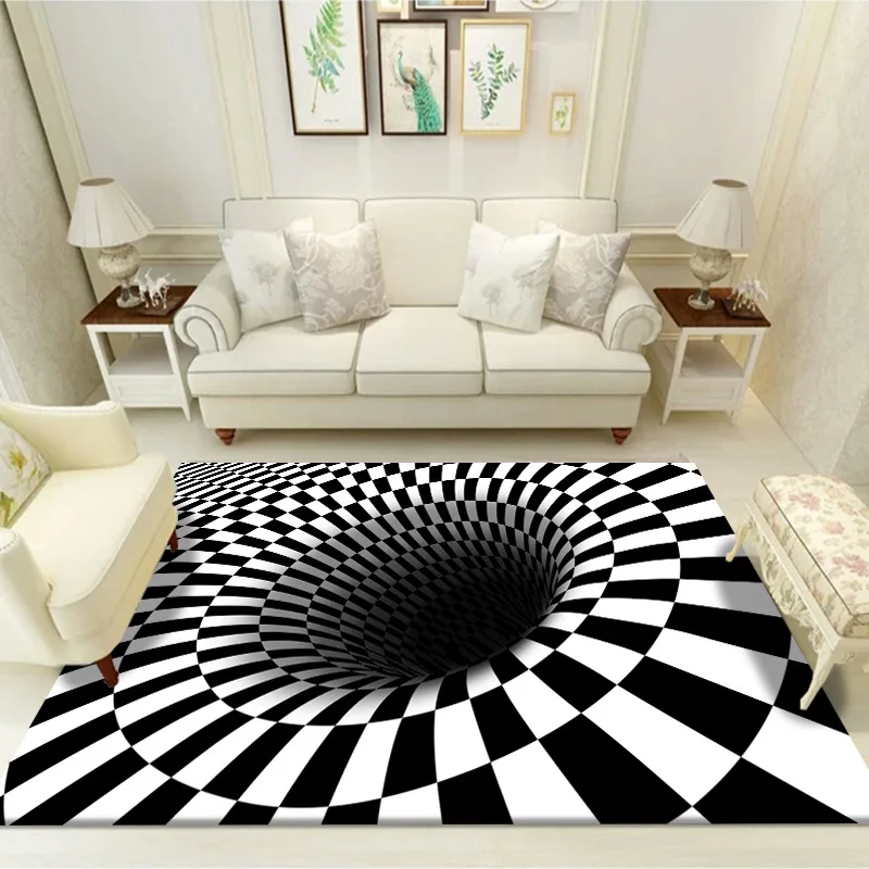 Black White Vortex Illusion Carpet for Living Room Washable Polyester 3d Print Geometric Non-Slip Floor Area Rugs Bedroom Mat