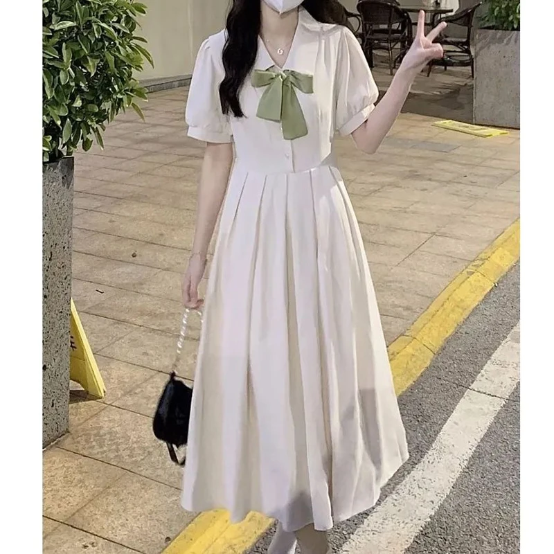 Women\'s Clothing Vintage Bow Pleated Sweet Chic Preppy Style Midi Dress Summer Trendy Short Sleeve Slim Casual Dresses Vestidos