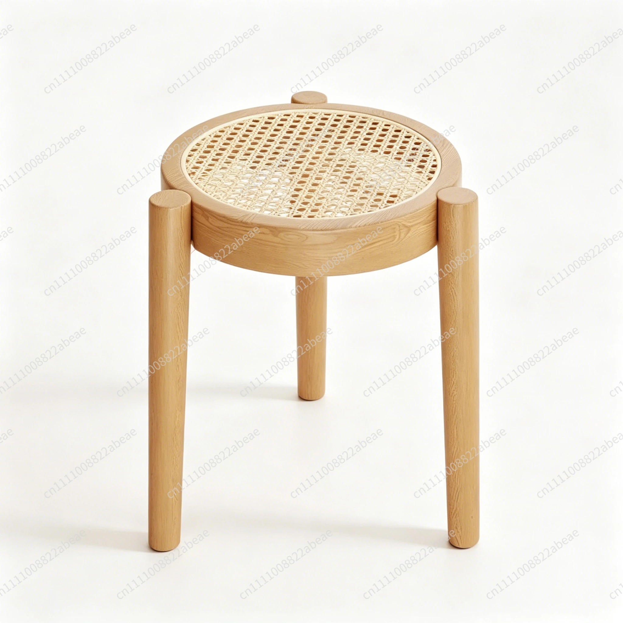 Rubberwood Home Stool  Breathable Rattan Dining Chair  Natural Wood Dining Stool Stackable Mid-Century Living Room Chair