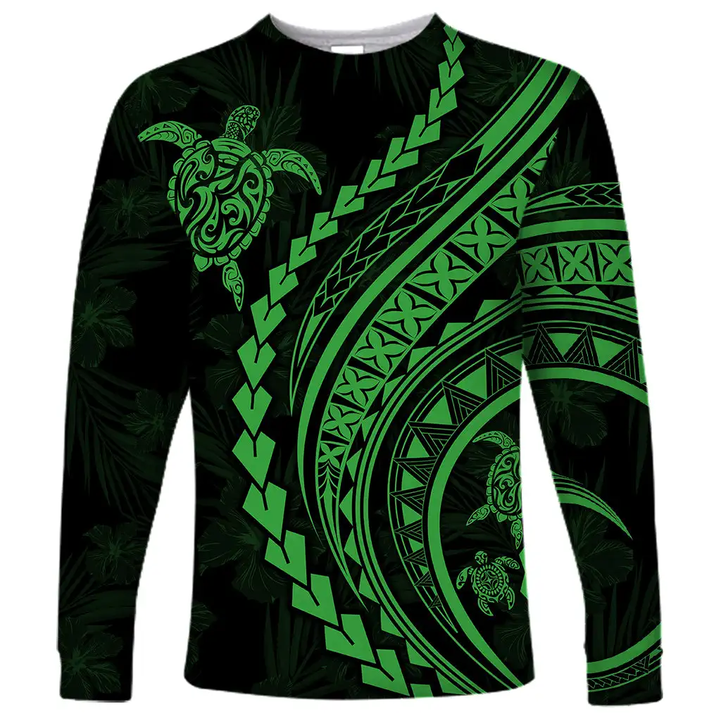 New Style Men\'s Polynesian Long-sleeved T-shirt 3D Printed Turtle Hibiscus Luxury Print Men\'s Autumn Casual Round Neck Tops