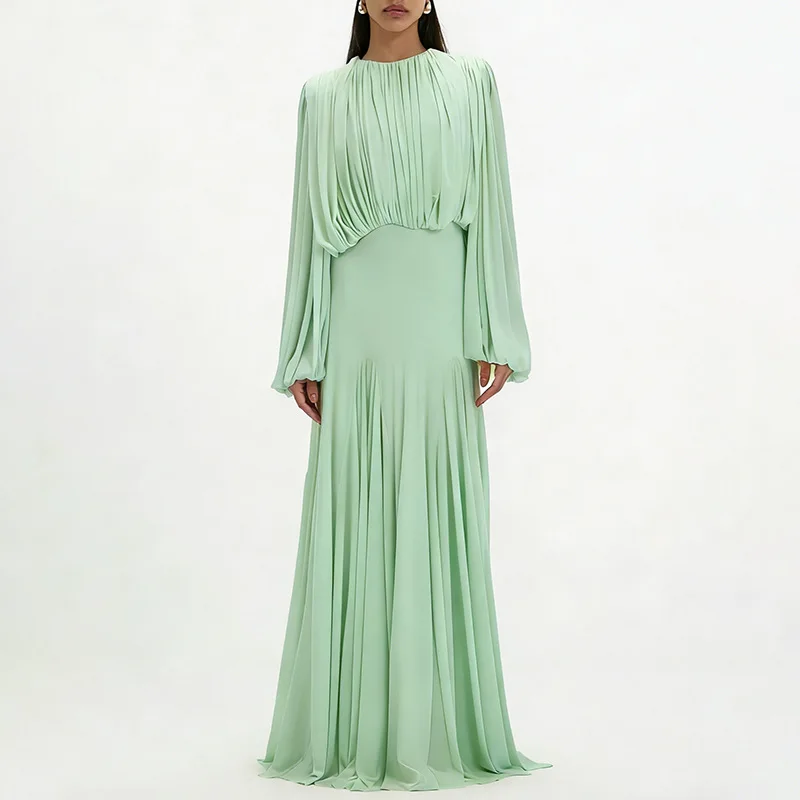 2026 Neues Französisches Elegantes Rundhals-Kleid mit Hochwertiger Plissee-Patchwork-Verzierung in Voller Länge Vestidos De Mujer – Detail 6