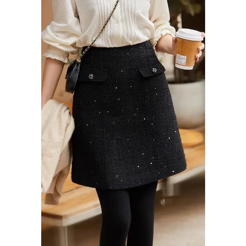 Solid Color High-waisted Buttoned Black Fine Glitter Autumn and Winter High-waisted Slimming A-line Skirt