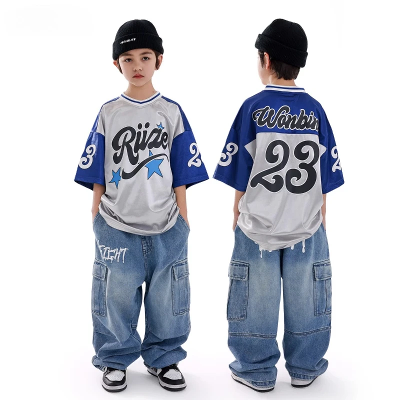 

New Summer Boys Street Dance Clothing Hip Hop T Shirt Loose Denim Pants Group Breaking Poppin Performance Wear Stage Clothes