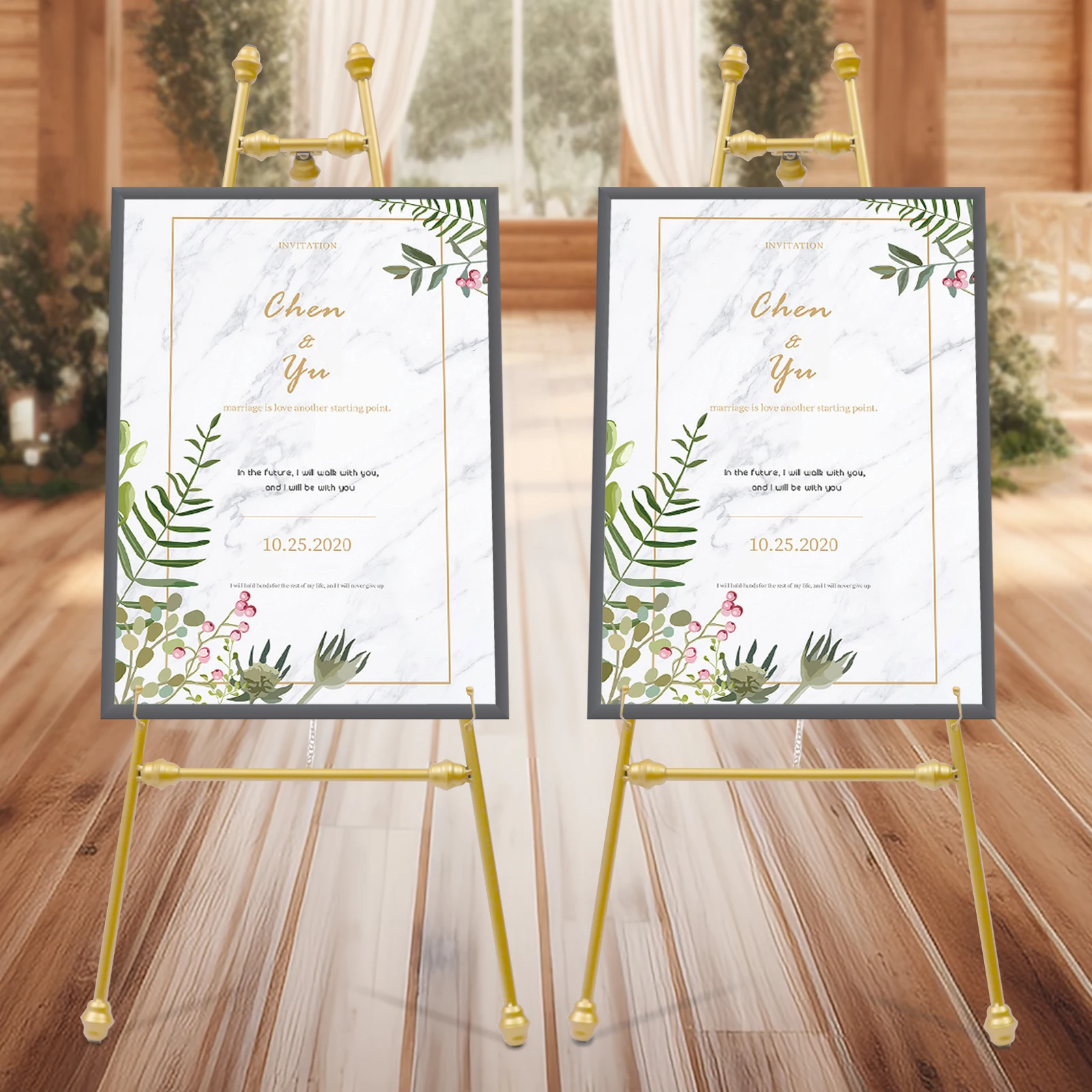 Gold Floor Easel Stand Portable Easel Stand for Wedding Sign Stand with Adjustable Hooks for Weddings Coffee Shop Exhibition