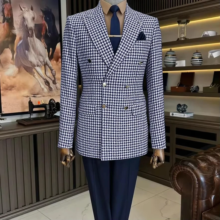 بدلات كلاسيكية بنقشة هاوندزتوث للرجال سترة مزدوجة الصدر منقوشة من التويد الصوفية ملابس رجالية بدلات العريس (معطف فقط)