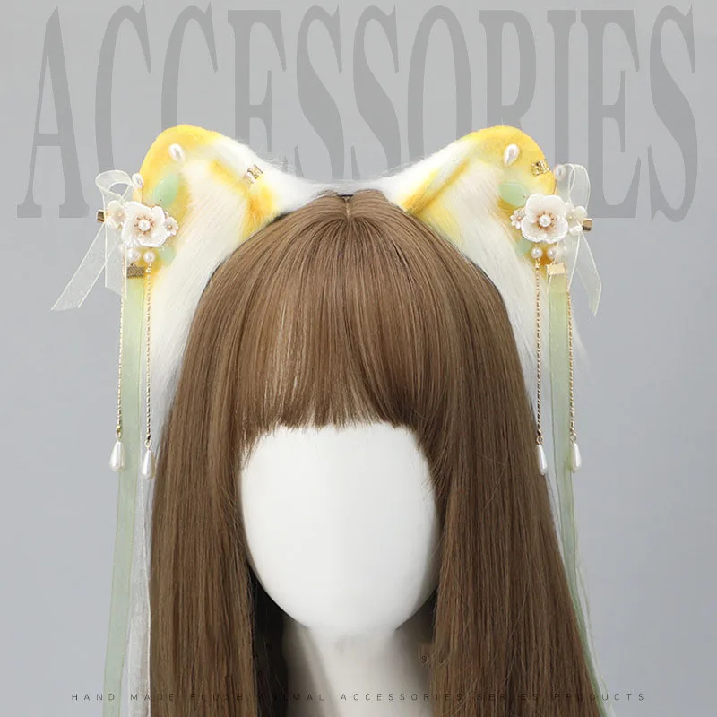 

Cute Plush Cat Ears Headband With Exquisite Floral Pearl Hairpin Ribbon Anime Lolita Hair Hoop Kawaii Animal Party Cosplay Cost