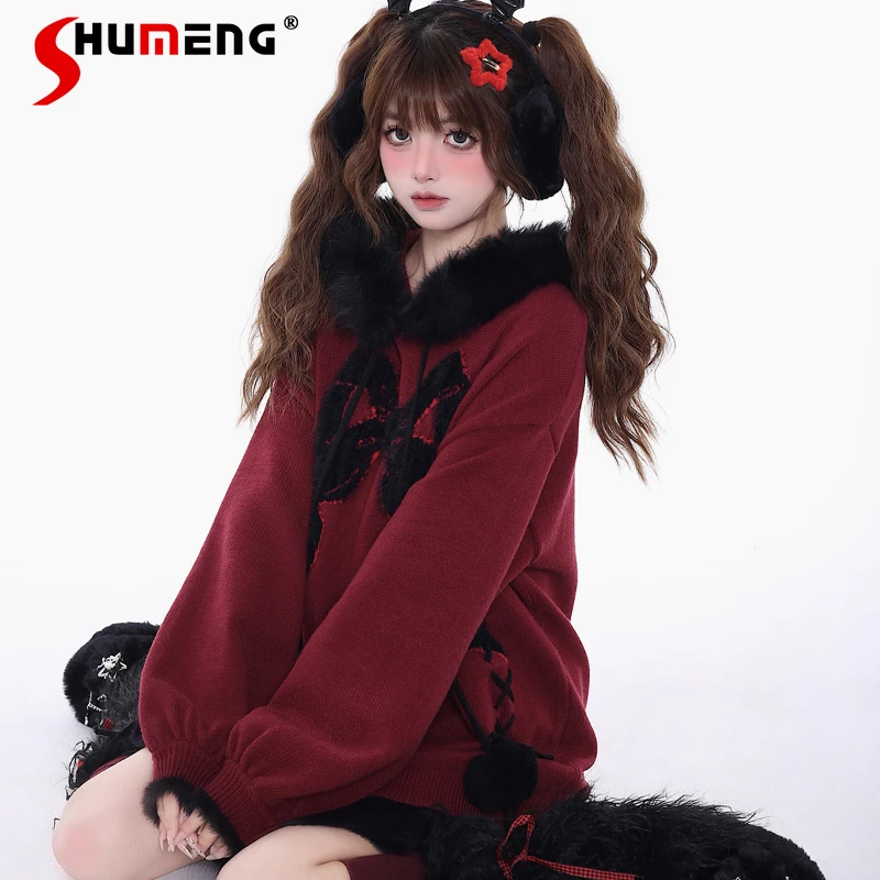 

Japanese Sweet Cool Christmas New Year Bow Black Red Loose Casual Knitwear Autumn And Winter Fur Collar Sweater Sueters De Mujer