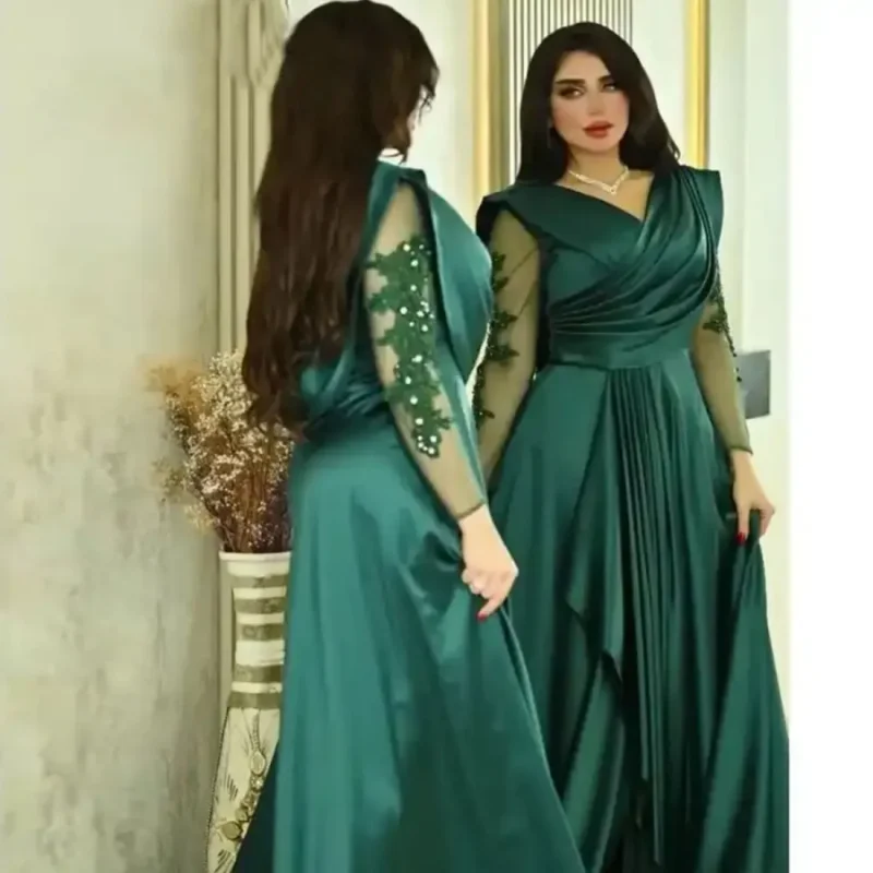Muslim Evening Dresses For Women Satin Long Sleeves Abendkleider Beaded Moroccan Caftan Green Prom Gowns Applique Robe Vestido