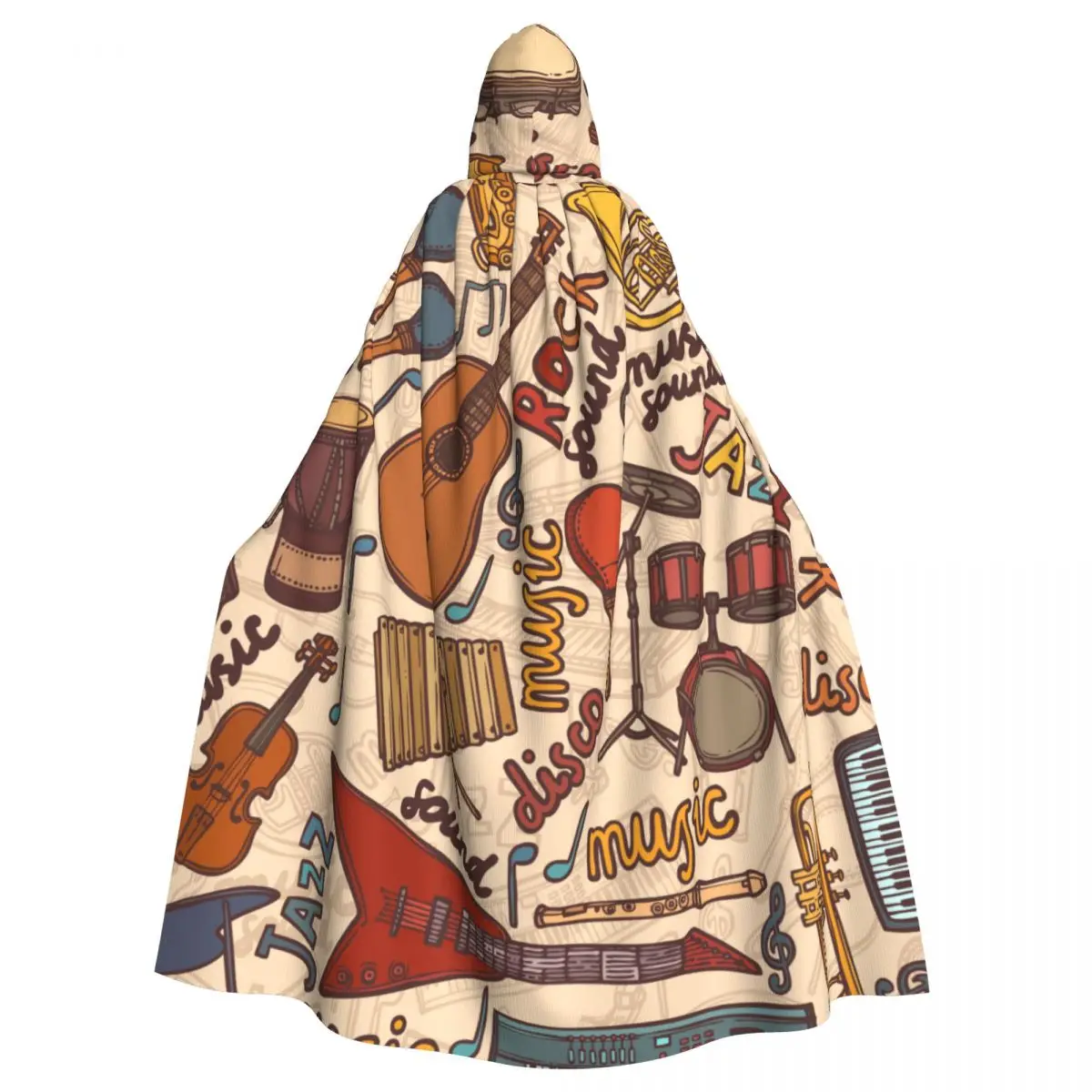 Adult Cloak Cape Hooded Colorful Musical Instruments Sketch Medieval Costume Witch Wicca Vampire Carnival Party