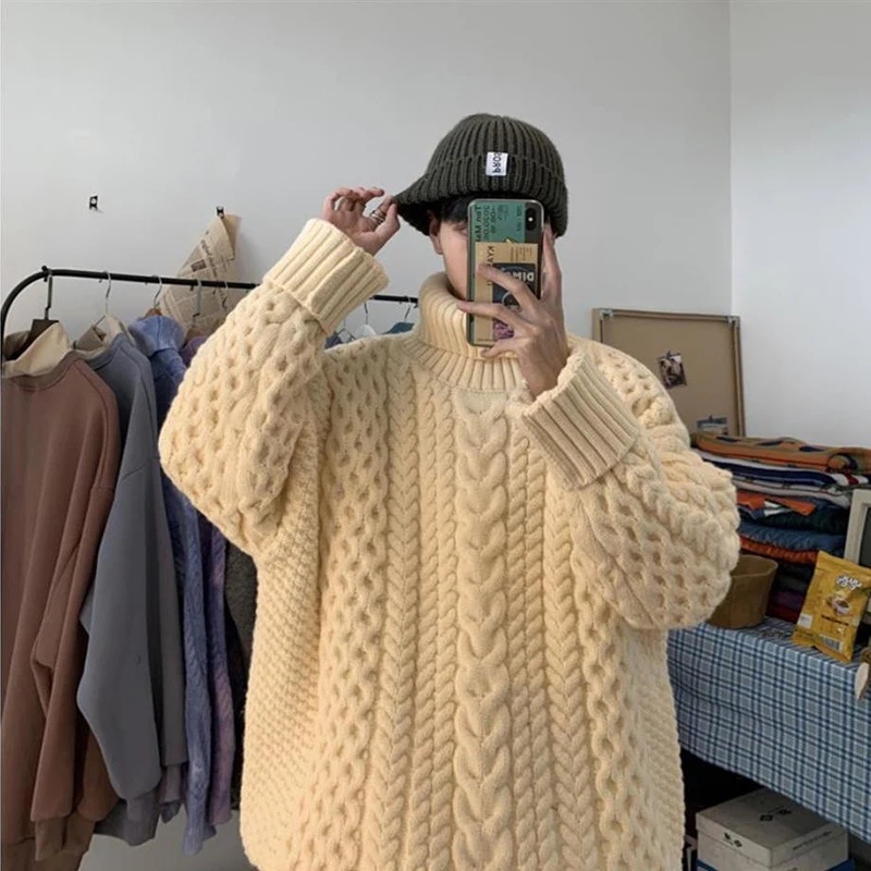 Suéter Vintage de cuello alto para hombre, ropa de punto gruesa, Harajuku, de gran tamaño, para mantener el calor, Otoño e Invierno