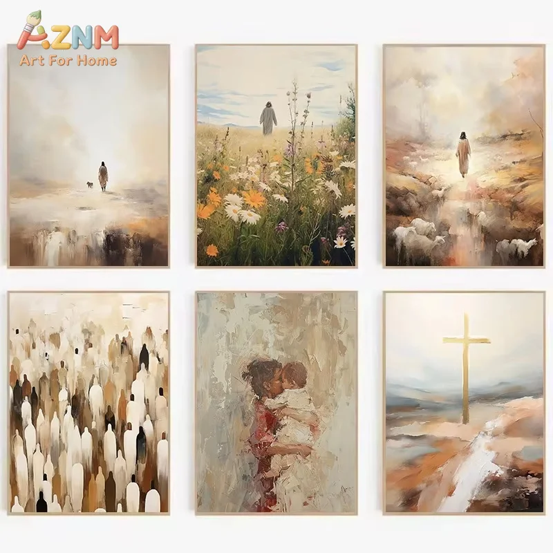 1PC Jesus in Flower Field God Shepherd Christian Religious Aesthetic Poster Canvas Painting Wall Pictures Home Decor